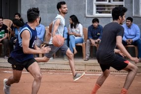 Students at sports activity on campus